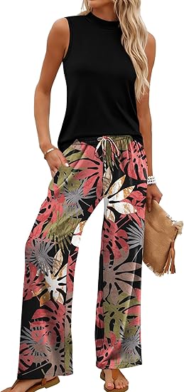 WIHOLL Two Piece Set for Women Summer Spring Outfits Cruise Travel Airport Beach Vacation Mock Neck Wide Leg Pants Set - Image 3