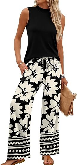 WIHOLL Two Piece Set for Women Summer Spring Outfits Cruise Travel Airport Beach Vacation Mock Neck Wide Leg Pants Set - Image 5