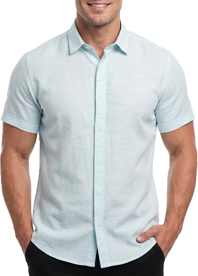 Cotton King Mens Linen Shirts Short Sleeve Casual Button Down Shirt Lightweight Beach Summer Vacation Shirt for Men - Image 1