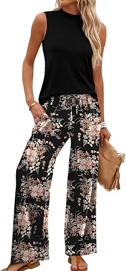 WIHOLL Two Piece Set for Women Summer Spring Outfits Cruise Travel Airport Beach Vacation Mock Neck Wide Leg Pants Set - Image 2