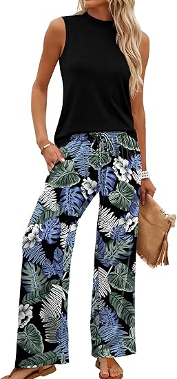 WIHOLL Two Piece Set for Women Summer Spring Outfits Cruise Travel Airport Beach Vacation Mock Neck Wide Leg Pants Set - Image 6