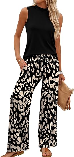 WIHOLL Two Piece Set for Women Summer Spring Outfits Cruise Travel Airport Beach Vacation Mock Neck Wide Leg Pants Set - Image 4