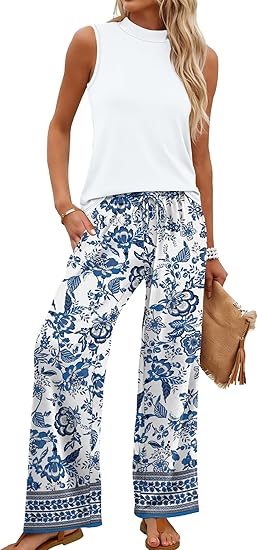 WIHOLL Two Piece Set for Women Summer Spring Outfits Cruise Travel Airport Beach Vacation Mock Neck Wide Leg Pants Set - Image 7