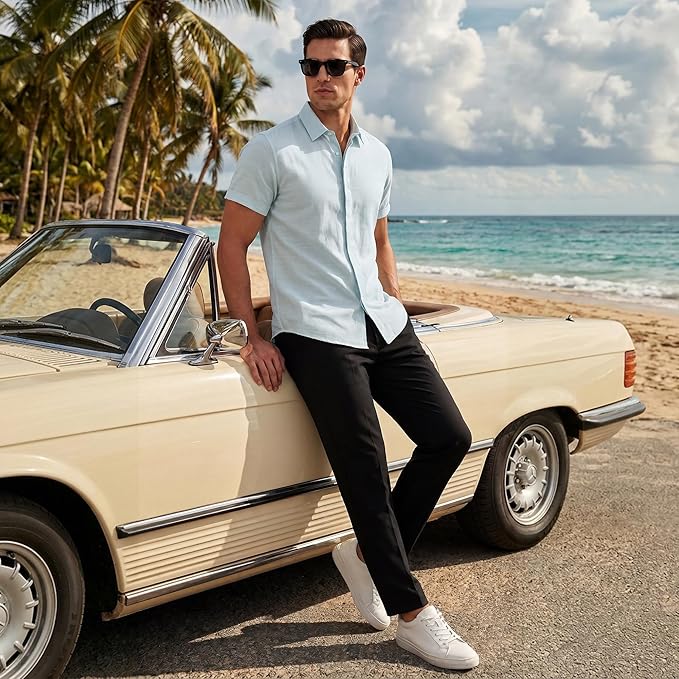 Cotton King Mens Linen Shirts Short Sleeve Casual Button Down Shirt Lightweight Beach Summer Vacation Shirt for Men - Image 2