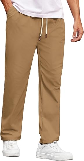 COOFANDY Men's Casual Chino Pants Relaxed Fit Drawstring Elastic Waist Lightweight Pant Twill Pleated Trousers