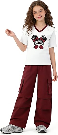 Girl's 2 Piece Outfits Short Sleeve Graphic Tee Wide Leg Cargo Pants Set, 6-14 Years - Image 6
