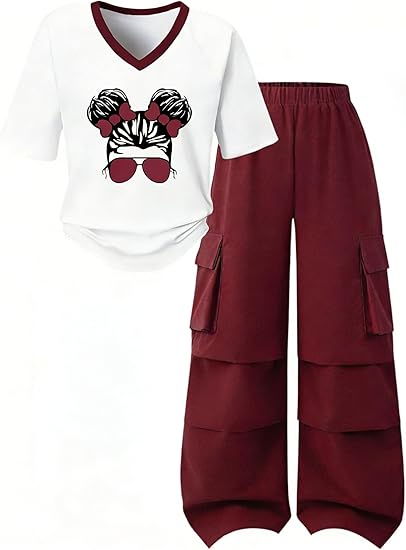 Girl's 2 Piece Outfits Short Sleeve Graphic Tee Wide Leg Cargo Pants Set, 6-14 Years