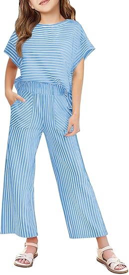Haloumoning Girls Striped 2 Piece Outfits Short Sleeve T Shirts Wide Leg Pants Matching Lounge Set with Pockets