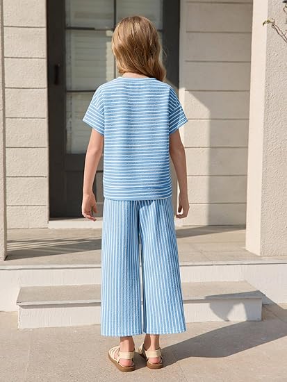 Haloumoning Girls Striped 2 Piece Outfits Short Sleeve T Shirts Wide Leg Pants Matching Lounge Set with Pockets - Image 4