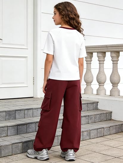 Girl's 2 Piece Outfits Short Sleeve Graphic Tee Wide Leg Cargo Pants Set, 6-14 Years - Image 4