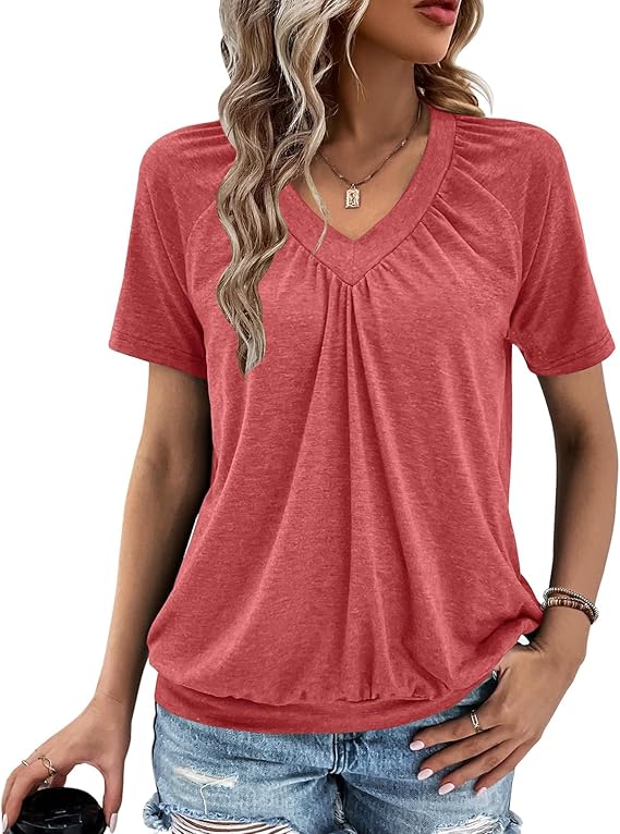 Gihgoew Summer Tops for Women 2025 Shorts Sleeve Womens Tops,V Neck Soft Casual Loose Fit Ruched Top T Shirts Tee Clothes