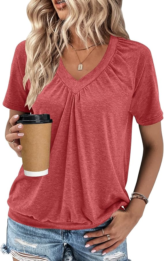 Gihgoew Summer Tops for Women 2025 Shorts Sleeve Womens Tops,V Neck Soft Casual Loose Fit Ruched Top T Shirts Tee Clothes - Image 2