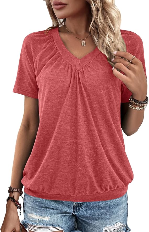 Gihgoew Summer Tops for Women 2025 Shorts Sleeve Womens Tops,V Neck Soft Casual Loose Fit Ruched Top T Shirts Tee Clothes - Image 5