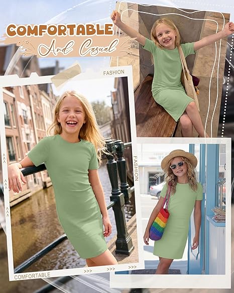 Girls Bodycon Dress Short Sleeve Crew Neck Pencil Dress Fitted Lightweight Stretch T-Shirt Dress for Girls 6-14Y - Image 3