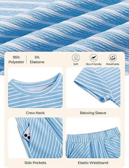 Haloumoning Girls Striped 2 Piece Outfits Short Sleeve T Shirts Wide Leg Pants Matching Lounge Set with Pockets - Image 2