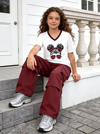 Girl's 2 Piece Outfits Short Sleeve Graphic Tee Wide Leg Cargo Pants Set, 6-14 Years - Image 2